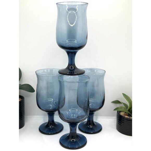 Vintage Set of 4 Libbey Dusky Blue Water Glasses Stemware Goblets Tulip Shaped - Picture 11 of 12